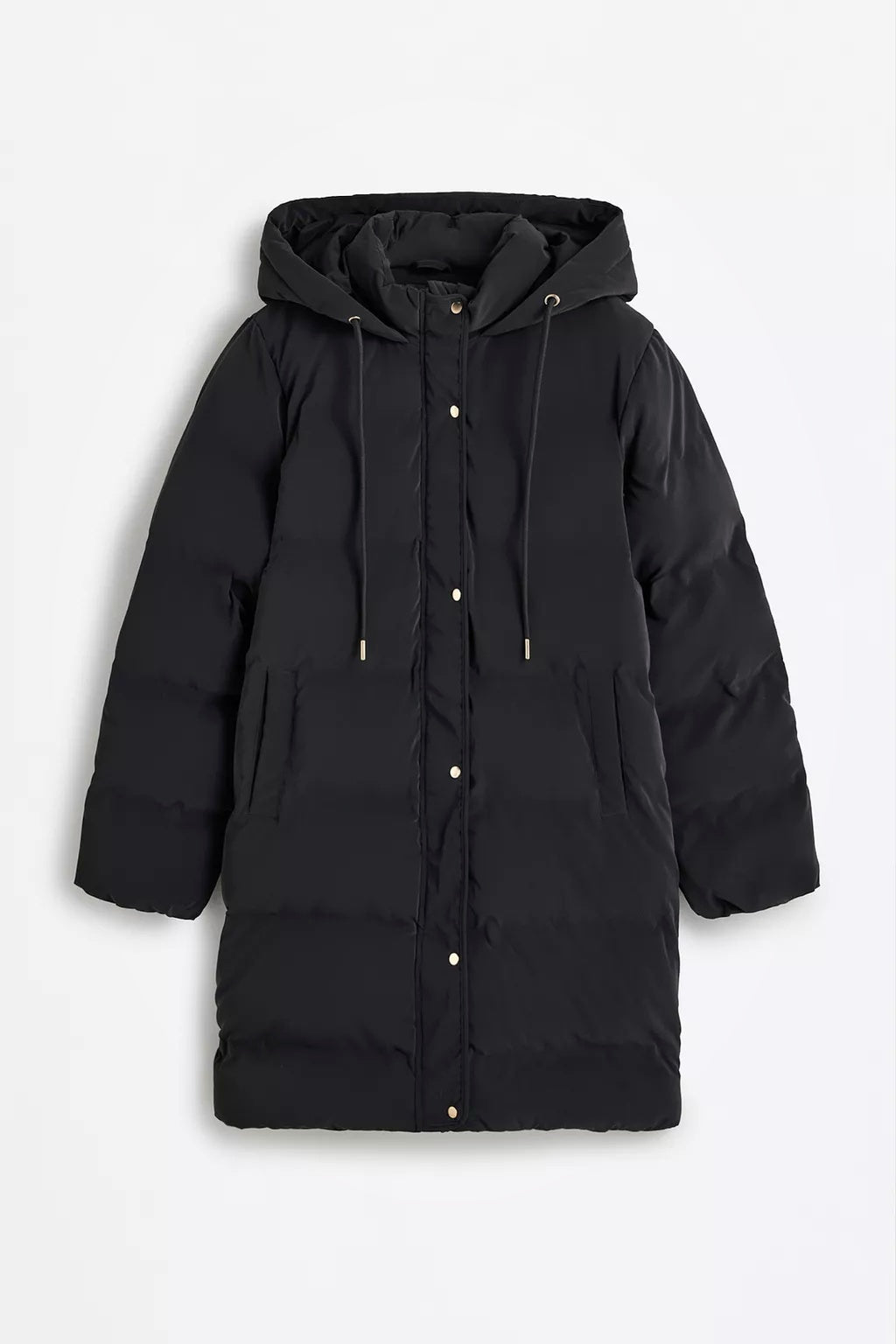 Abrigo acolchado largo con capucha para mujer – negro, cálido y ligero – Modenique