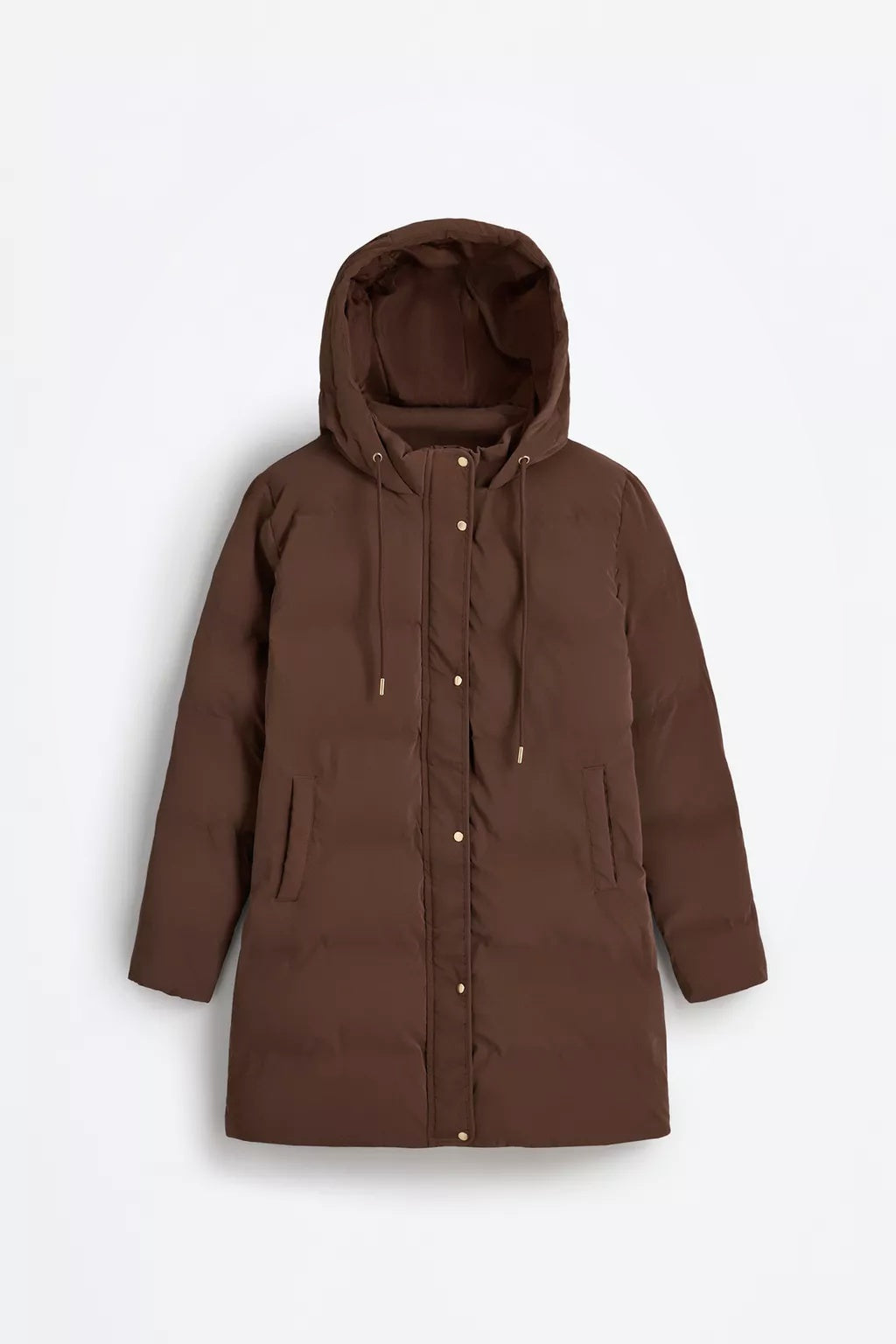 Abrigo acolchado largo con capucha para mujer – marrón, cálido y elegante – Modenique