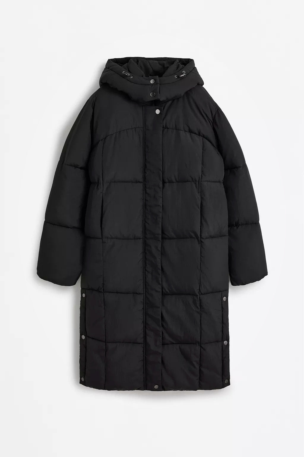 Abrigo acolchado largo con capucha para mujer – negro, cálido y cómodo – Modenique