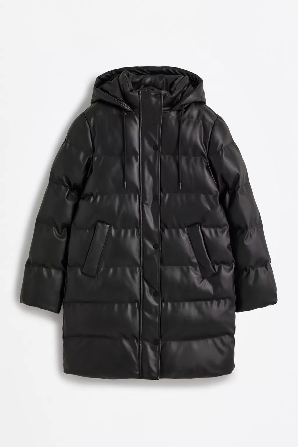 Abrigo acolchado largo efecto cuero para mujer – negro, elegante y cálido – Modenique