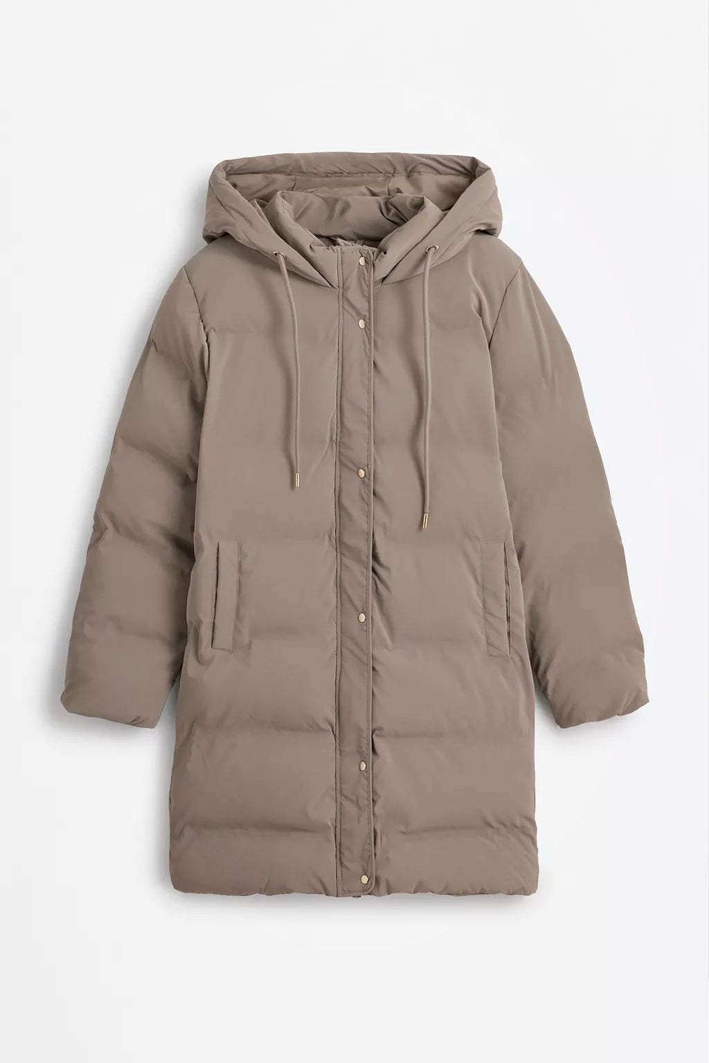 Abrigo acolchado largo con capucha para mujer – beige, cálido y ligero – Modenique