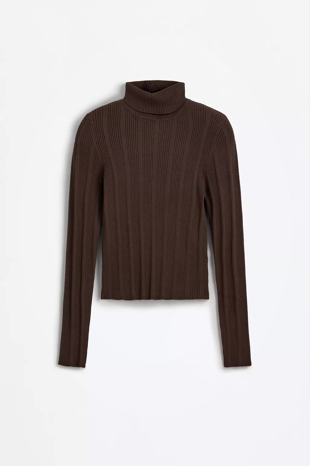 Suéter de canalé con cuello vuelto para mujer – marrón oscuro, ajustado y moderno – Modenique
